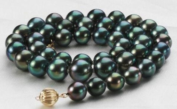 

awesome freshwater round 10-11mm black pearl green necklace 18 inch 925 silver