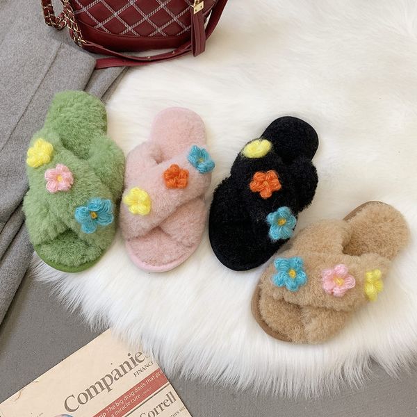 

shoes without heel rivet flock luxury slides slippers fur shose women low flat designer plush winter house soft 2019 fashion, Black