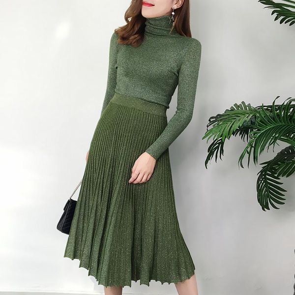 

qooth winter women knit 2 piece set turtleneck long sleeve sweater shinny skirt set casual knitted pleated skirts suit qh2024, Black