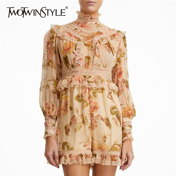 

twotwinstyle print patchwork lace ruffle women's jumpsuit stand collar long sleeve high waist jumpsuits female 2019 autumn new, Black;white