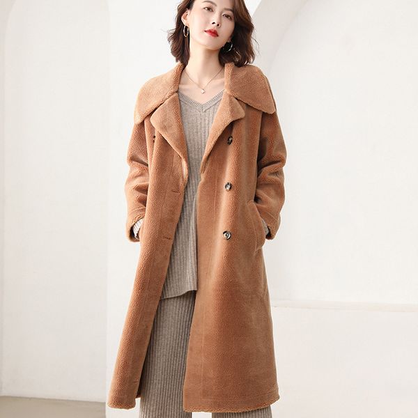 

long real composite shearling lamb fur teddy coat women korean genuine wool fur coat faux suede leather liner sheep jacket, Black