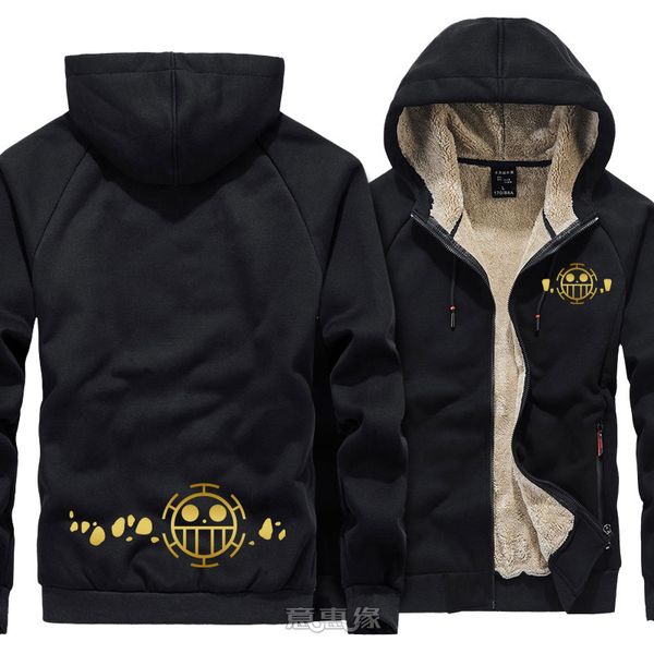 

new one piece hoodie cosplay luffy zoro anime men warm coat jacket winter zip up hooded thick sweatshirt, Black