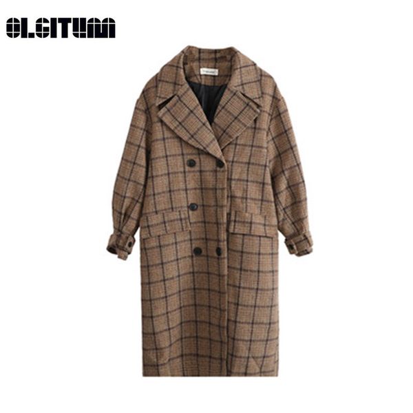 

new 2018 autumn and winter large size women long woolen coat large size women loose tartan coat, Black