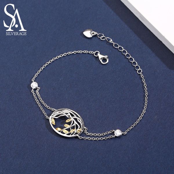 

sa silverage 925 sterling silver bracelets bangles for women yellow gold color life tree 925 silver chain link bracelets female, Black