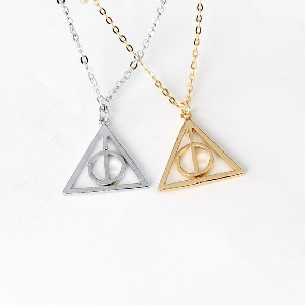 

100pcs/lot movie harry deathly hallows necklace fashion rotated triangle pendant chain necklace choker for women&men jewelry, Silver