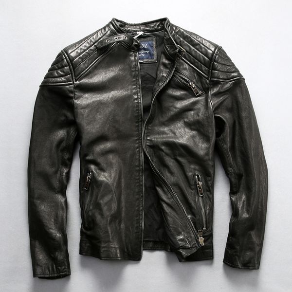 

new fashion motorcycle slim genuine leather jacket men stand collar casual goat leather jacket male winter coat, Black