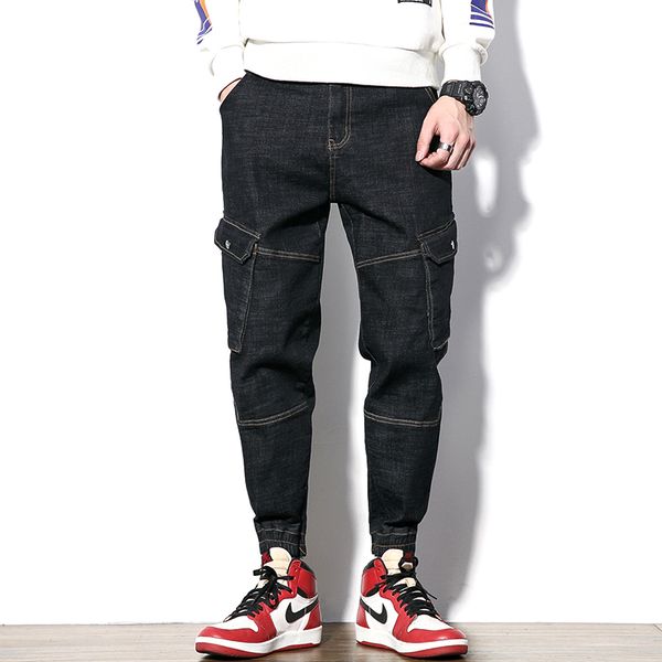 

new 2019 vintage black color loose fit cargo pants big pocket tapered jeans, Blue