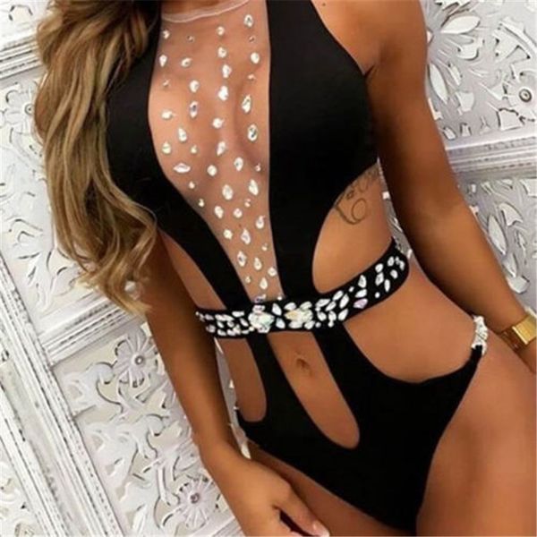 

women bikini one-piece bodysuit swimsuit beachwear halter backless push-up diamond hollow out monokini bathing suit new, Black;white