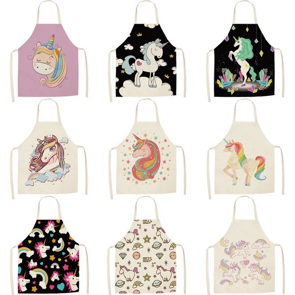 

parent-child kitchen apron cartoon unicorn printed sleeveless cotton linen aprons for men women home cleaning tools