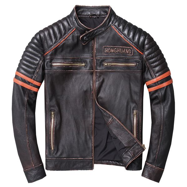 

2019 vintage black men short skulls motorcycle leather jacket plus size xxxl genuine cowhide spring slim fit coat ing