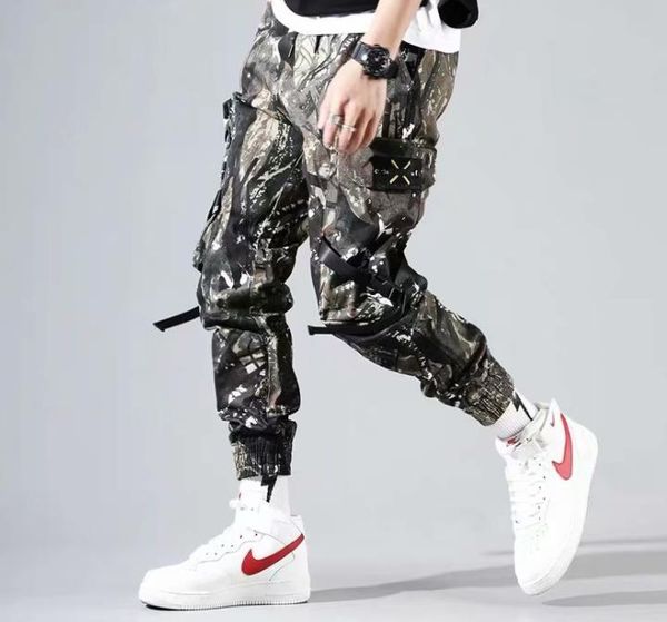 

cargo fashion pop pants patchwork pocket clothes mens mens fitness ins style drawstring hip pants trousers amskf, Black
