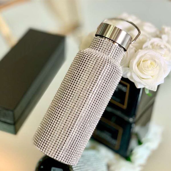 

fashion 500ml rhinestone thermos water bottle letter stainless steel vacuum water cup coffee mug teacup, Black