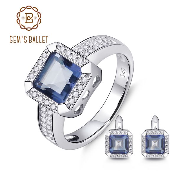 

gem's ballet 5.97ct natural iolite blue mystic quartz gemstone jewelry set 925 sterling silver earrings ring set for women, Black