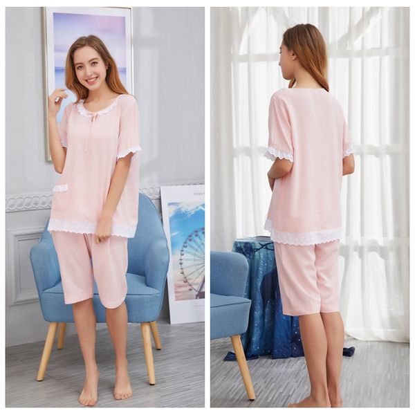 

thin women's cotton pajamas short sleeve sleepwear women round neck bow pajamas suit summer casual homewear, Blue;gray