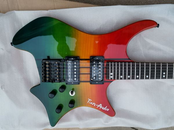 

strandberg boden os green orange red flame maple headless electric guitar 3 pieces flame maple neck, kd tremolo bridge, black hardware