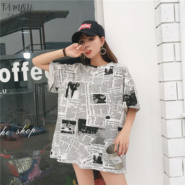 

t shirts women short sleeved newspaper pattern print long style batwing sleeve womens t shirt all match trendy chic leisure soft, White