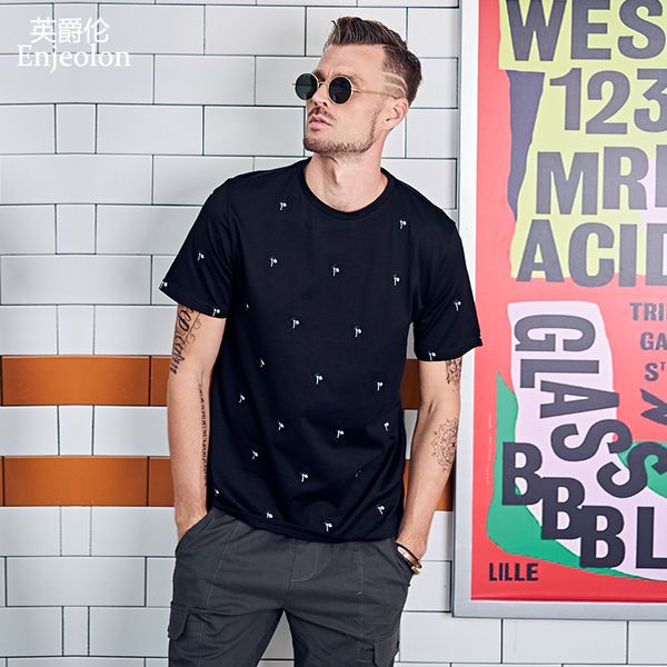 

enjeolon brand summer t shirt short sleeved o-neck print black white casual slim fit cotton male tee shirt plus size t8994, White;black