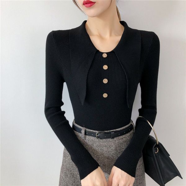 

women autumn winter new lapel sweater solid color female temperament fashion slim knit pullover, White;black
