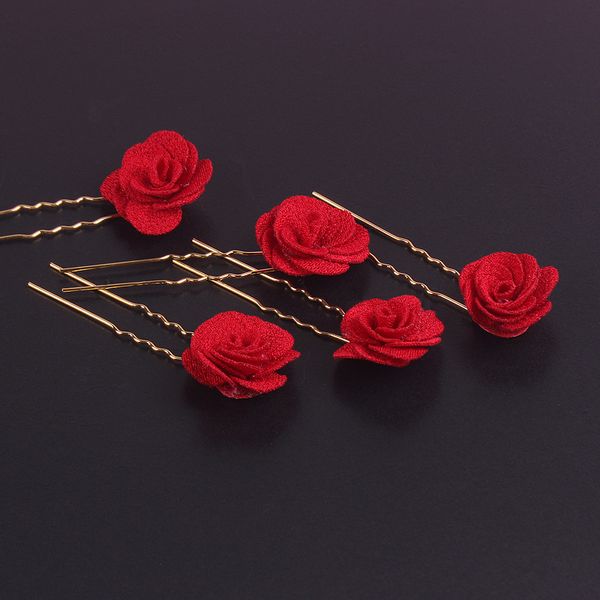 

rose flower hairpins red floral trendy u shape hair sticks bridal wedding hairwear ornaments headdress party bobby pin clip, White;golden