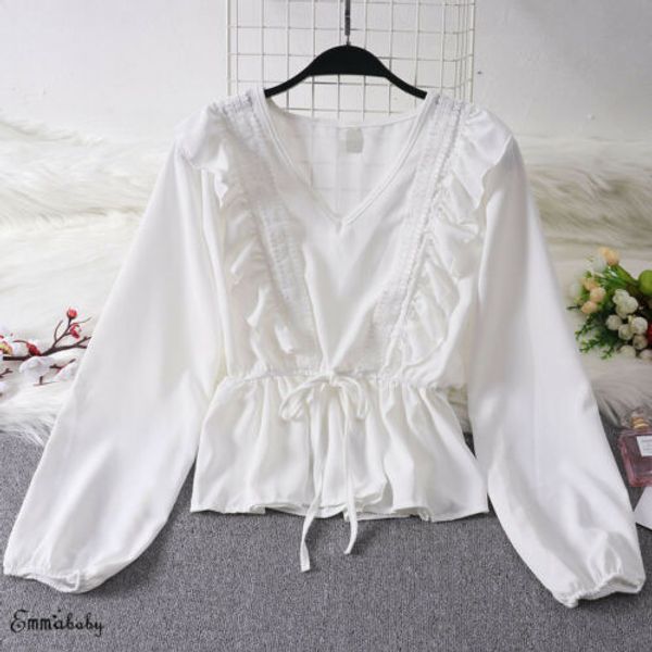 

new femme ruffles v neck shirts fashion women's ladies summer long sleeve shirt spring solid loose casual blouse, White