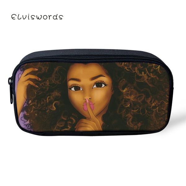 

elviswords kids fashion pencil case black afro girls pattern students stationery box cartoon design women's travel beautician