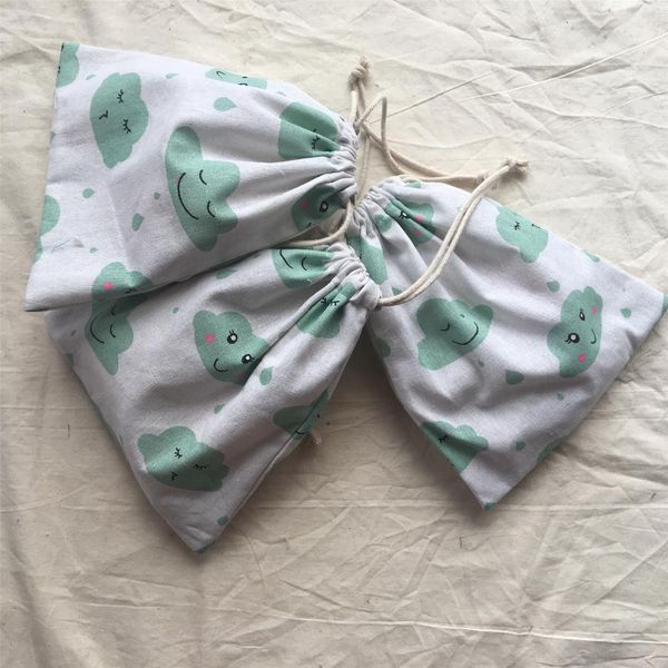 

1pc cotton linen drawstring organized bag party gift pouch print green cloud rain drop yl2