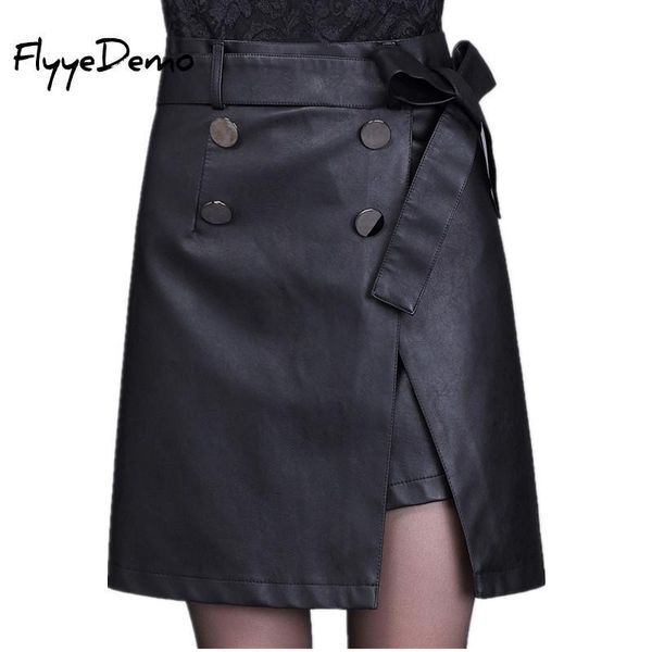 

6xl leather black a line women's skirt vintage high waist with belt 2019 autumn sashes midi skirts female plus size, Black;gray