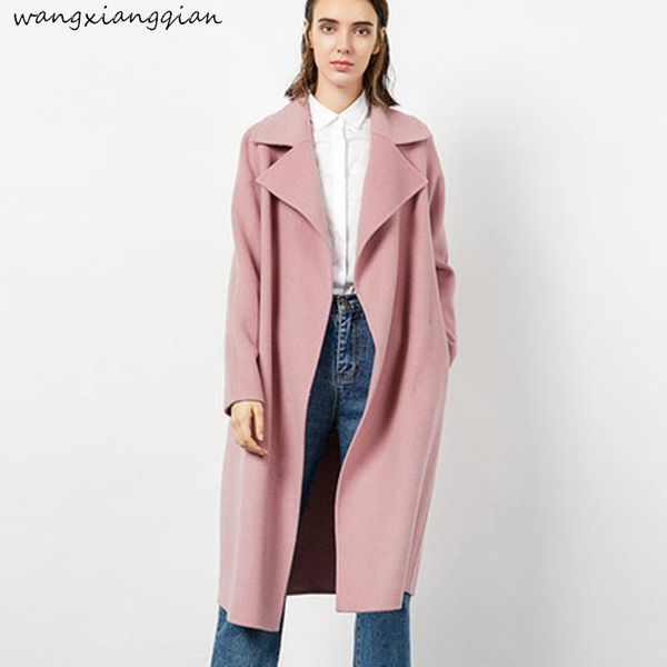 

double-faced woolen coat women long solid color pink woolen coat winter women's long-sleeved suit collar female b188, Black