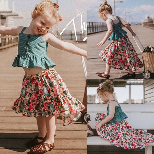 

summer toddler kids baby girl ruffle button vest flower skirts dress outfits