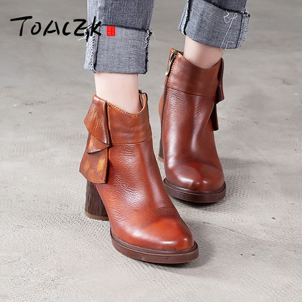

vintage leather short boots girl, autumn\/winter high-heeled head leather single boots, thick-heeled boots, Black