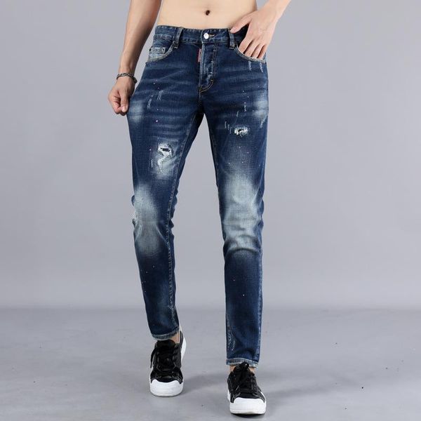 

fashionable vintage men's designer jeans dark blue old washed white micro elastic fit leggings men's pants