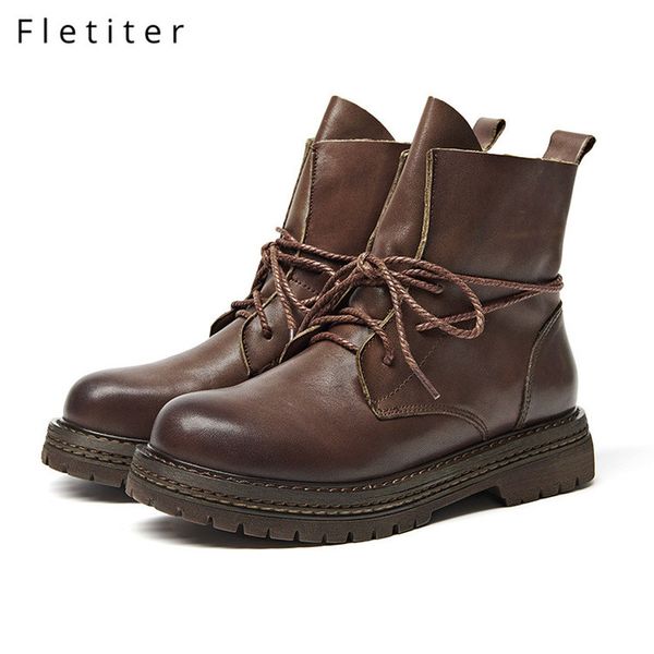 

fletite genuine leather warm winter boots for women handmade ankle boots with fur retro women solid flat ladies shoes 2019, Black