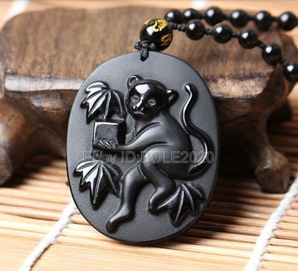 

100% natural black obsidian carved chinese zodiac monkey pendant +beads necklace, Silver