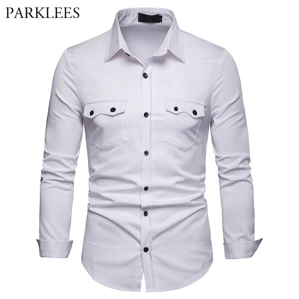 

brand whie men shirt 2020 fashion double pocket design long sleeve dress shirt men slim fit casual social shirts chemise homme, White;black