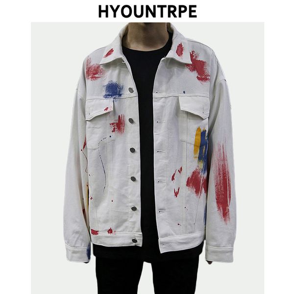 

fashion graffiti printed jeans jacket coat men casual single breasted turn down collar denim streetwear hip hop outerwear jacket, Black;brown