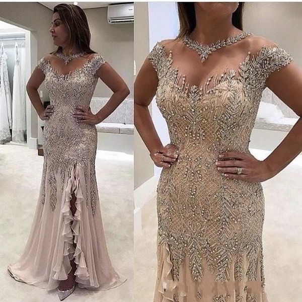 2020 elegante Ilusão Bling Champagne Mermaid Dresses Prom Beading Cristal vestidos de noite mangas Chiffon Side Dividir Ruffles Árabe partido