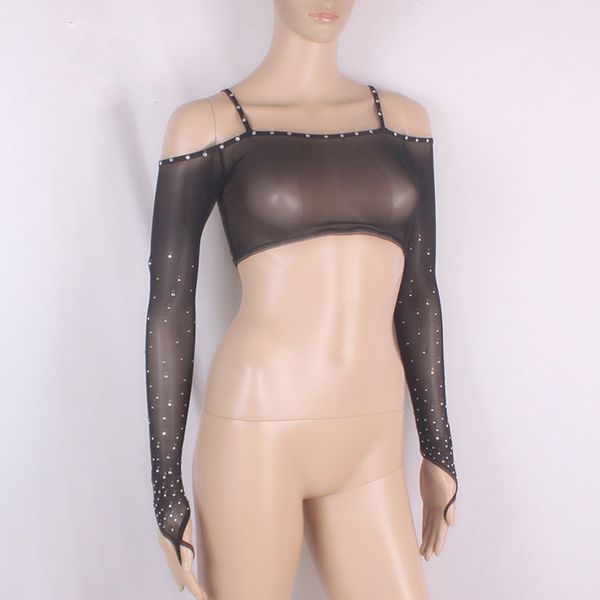 

women sequin rhinestone tulle mesh lace shrug long sleeve sparkly belly dance crop belly dance shrug with diamond, Black;red