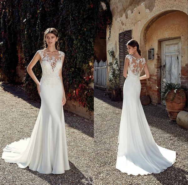 

2019 New Designer Beach Mermaid Wedding Dresses Sexy Lace Applique Sheer Neck Floor Length Bohemian Cheap Country Wedding Dress Bridal Gowns