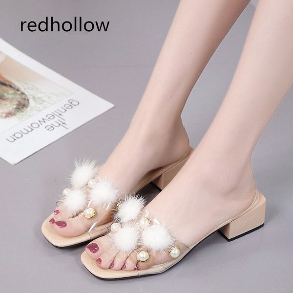 

fashion fur furry slides sweet beach female sandals flip flops women summer slippers med heel shoes ladies casual shoes slippers, Black