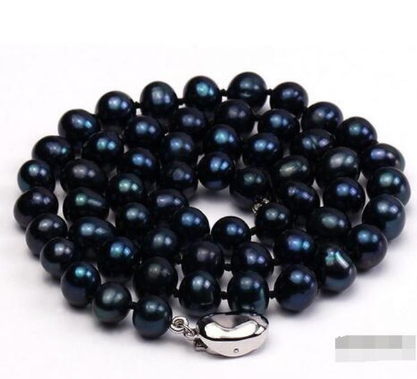 

fashionable single-strand 8-9mm black round freshwater pearl necklace 18 ", Silver