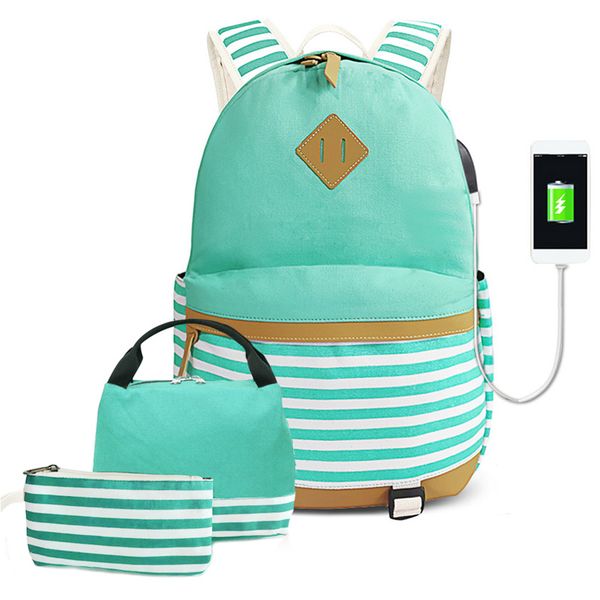 

women men with usb port zipper casual lapstriped pencil case school bag large capacity canvas backpack adjustable strap