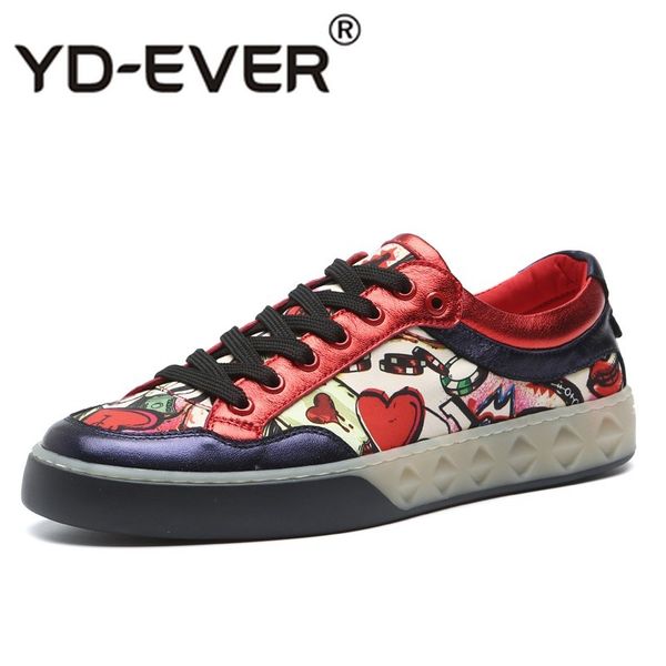 

fashion mens graffiti printed sheepskin real leather flats casual shoes 2019 new man round toe lace up trainers sneakers shoes, Black