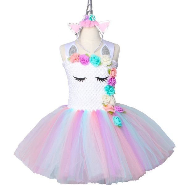 Flower Girls Unicorn Tutu Dress Pastel Rainbow Princess Girls Birthday Party Dress Bambini Costume di Halloween per bambini 2-12 anni