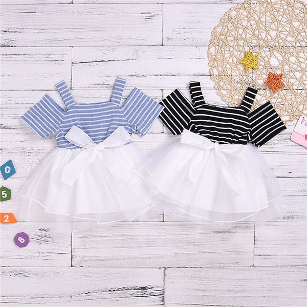 

summer girls kids dresses 2 colors short sleeve girl stripe dress off shoulder bows tutu skirt kids designer clothes girls jy365, Red;yellow