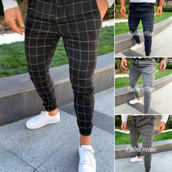 

2019 high wasit spring summer male fashion pocket men's slim fit plaid straight leg trousers casual pencil jogger casual pants, Black