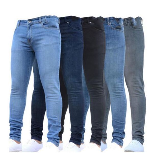 

wholesale- men's jeans brand designer men's tight knees jeans european american tight-fitting solid jeans tight-fitting solid colo, Blue