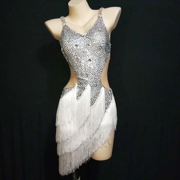 

female singe rhinestone fringes dress latin dance costumes party birthday celebrate silver white dress customize size dt947, Black;red