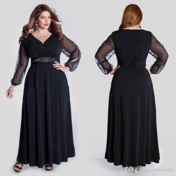 Black Long Sleeve Plus Size Formal Prom Dresses V Neck Crystal Sash Floor Length Evening Gowns A Line Elegant Special Occasion Dress Black Plus Size