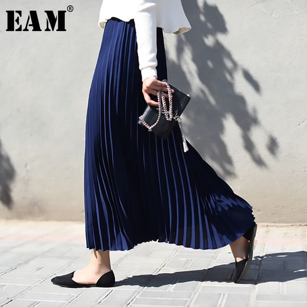 

eam] high elastic waist pleated loose fit long half-body skirt black women fashion tide all-match new spring autumn 2020 1a531, Black;gray