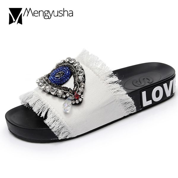 

handmade 5 colors denim slippers woman sandals outdoor crystal eyes decorate slides beading bling flipflops beach slip on shoes, Black